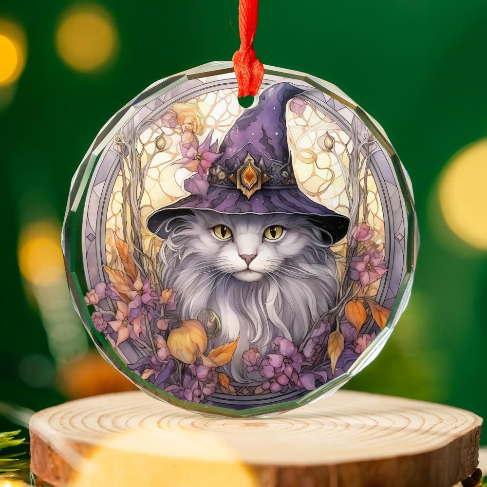 Witchy Cat Glass Ornament Wicca Christmas Ornament-MoonChildWorld