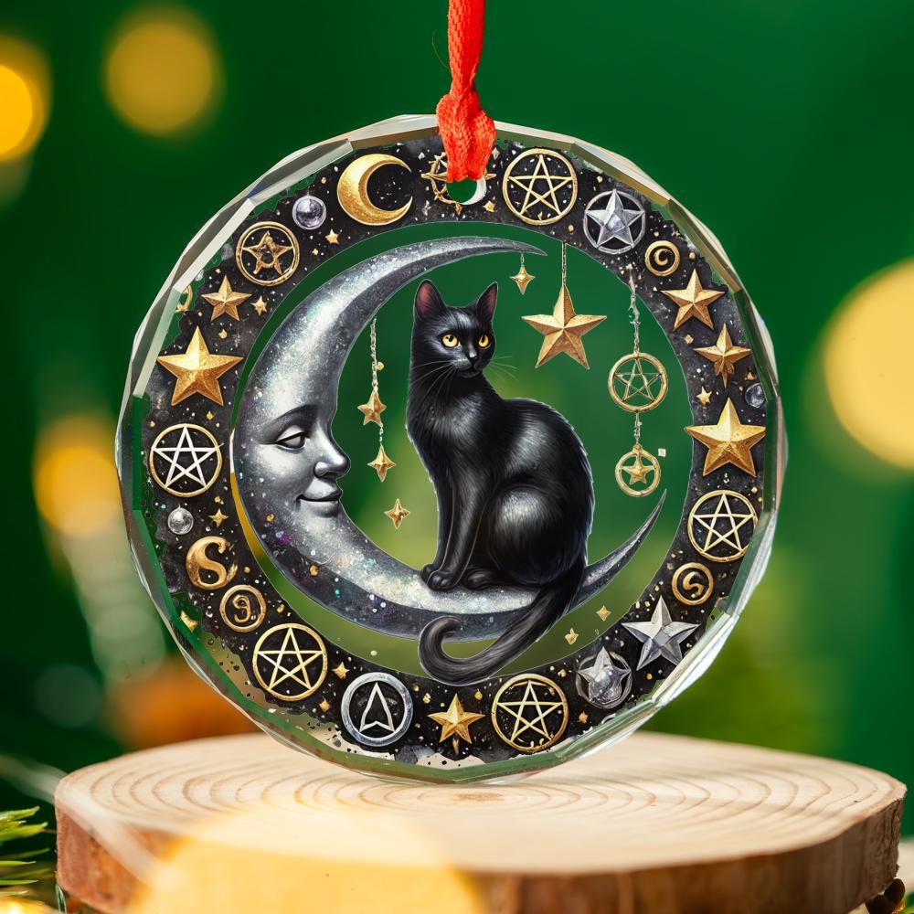 Moon Cat Glass Ornament Black Cat Witchy Christmas Ornament-MoonChildWorld