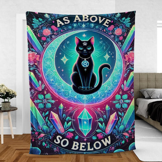 Wiccan Black Cat Throw – Celestial Witchcraft Blanket for Magic Lovers & Cat Enthusiasts