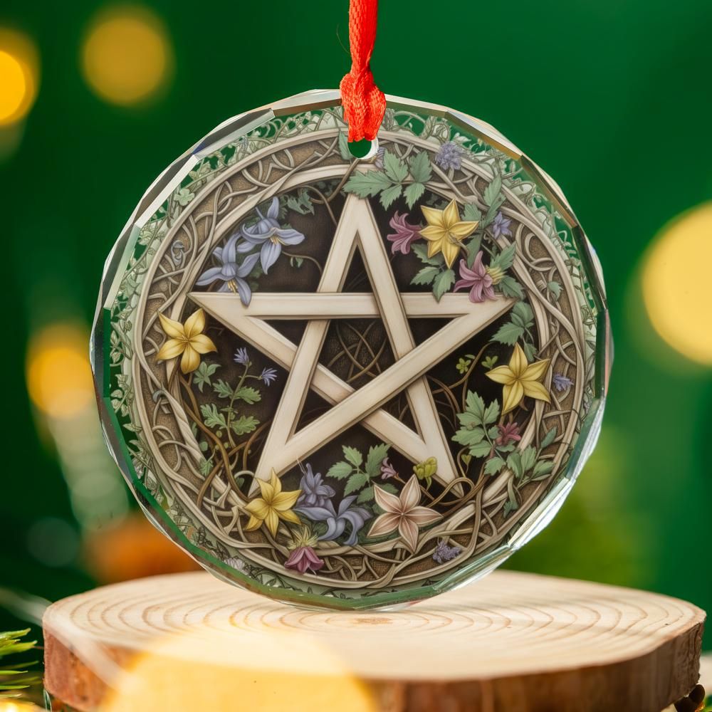 Floral Pentacle Glass Ornament Pagan Wicca Christmas Tree Ornament-MoonChildWorld