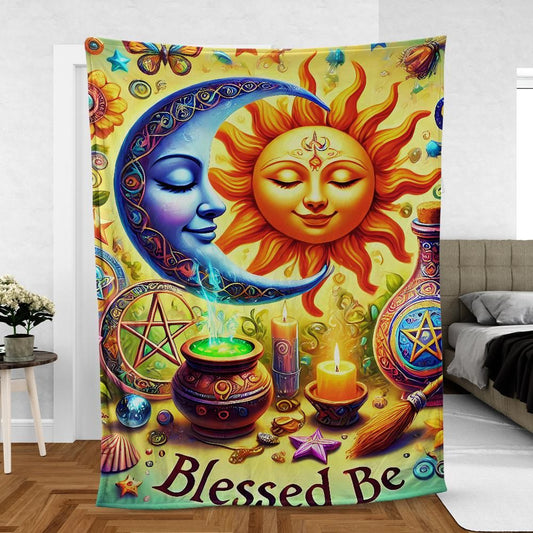 Celestial Sun Moon Blanket – Wiccan Lunar Boho Blanket for Sacred Spaces