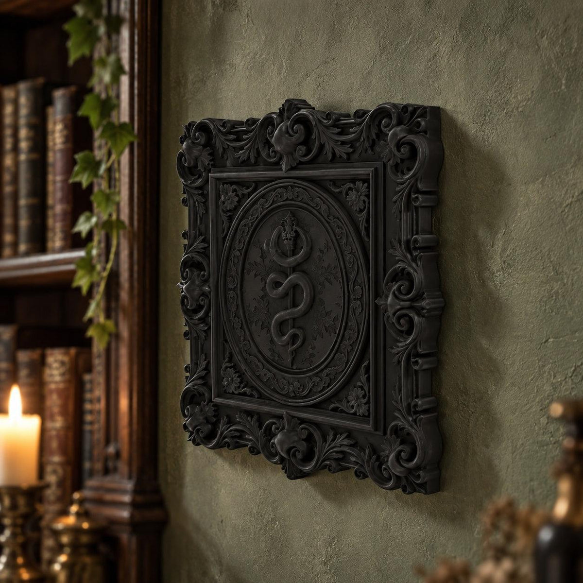 Rod of Asclepius Wall Plaque in a realistic witchy gothic setting, detailed product view with natural shine and contact shadows.