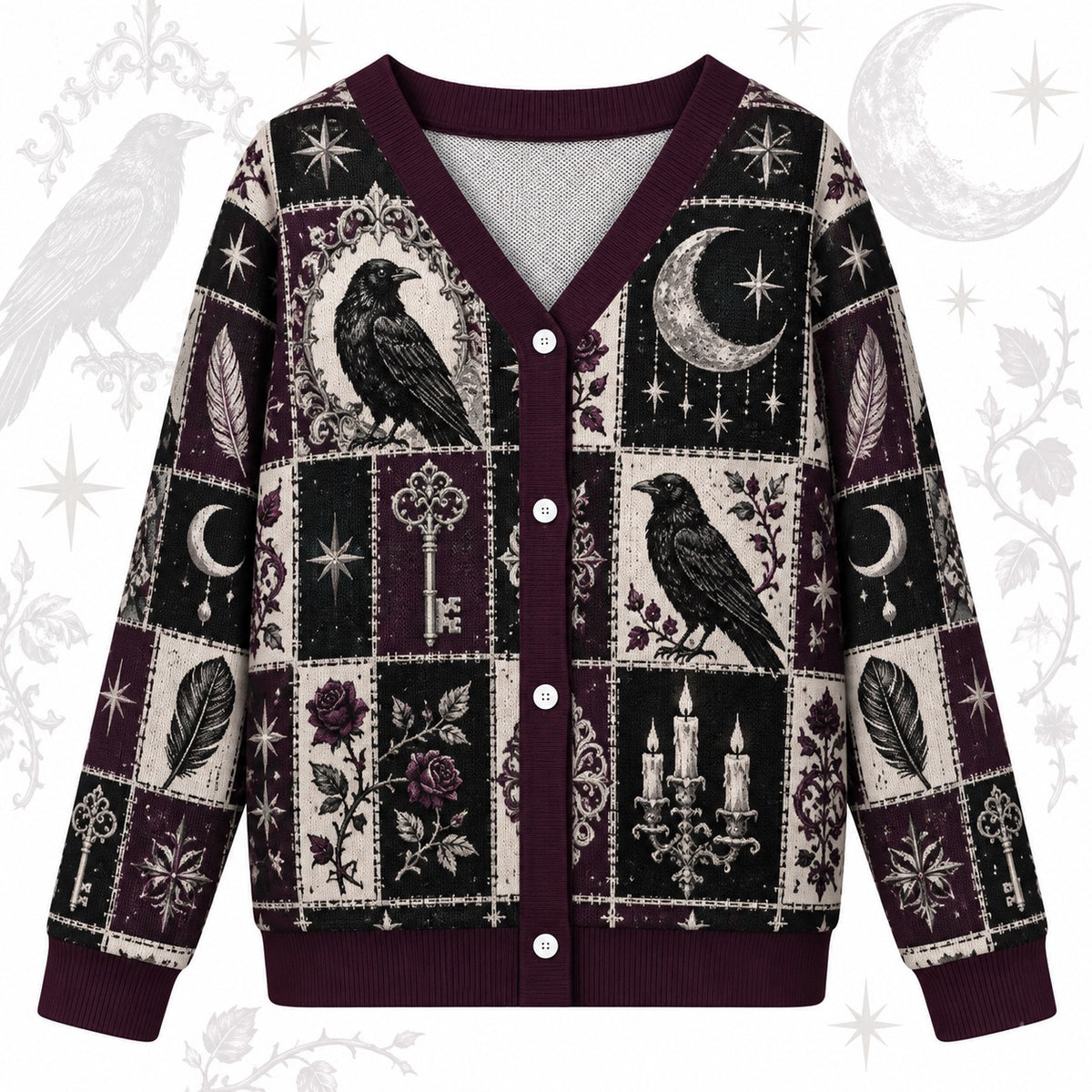 Rose and Key Raven Patchwork Cardigan for Women Full Moon Gothic Plum, front view