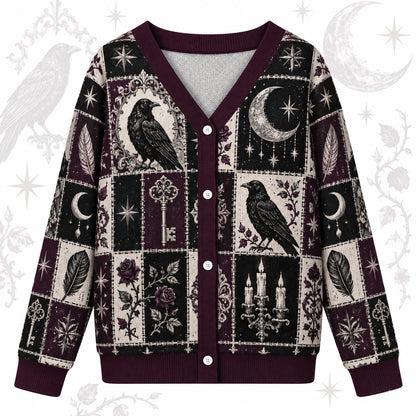 Rose and Key Raven Patchwork Cardigan for Women Full Moon Gothic Plum, front view