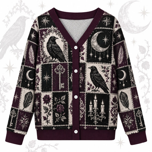 Rose and Key Raven Patchwork Cardigan for Women Full Moon Gothic Plum, front view