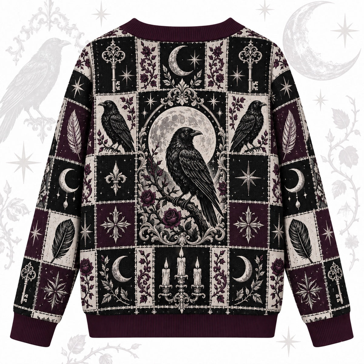 Rose and Key Raven Patchwork Cardigan for Women Full Moon Gothic Plum, back view