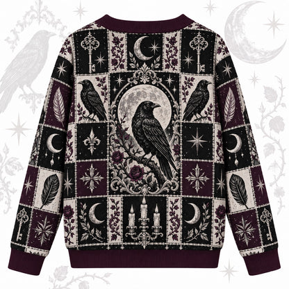 Rose and Key Raven Patchwork Cardigan for Women Full Moon Gothic Plum, back view