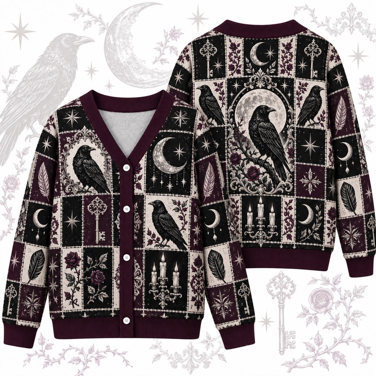 Rose and Key Raven Patchwork Cardigan for Women Full Moon Gothic Plum, front and back shown together