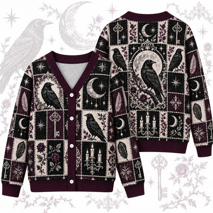 Rose and Key Raven Patchwork Cardigan for Women Full Moon Gothic Plum, front and back shown together