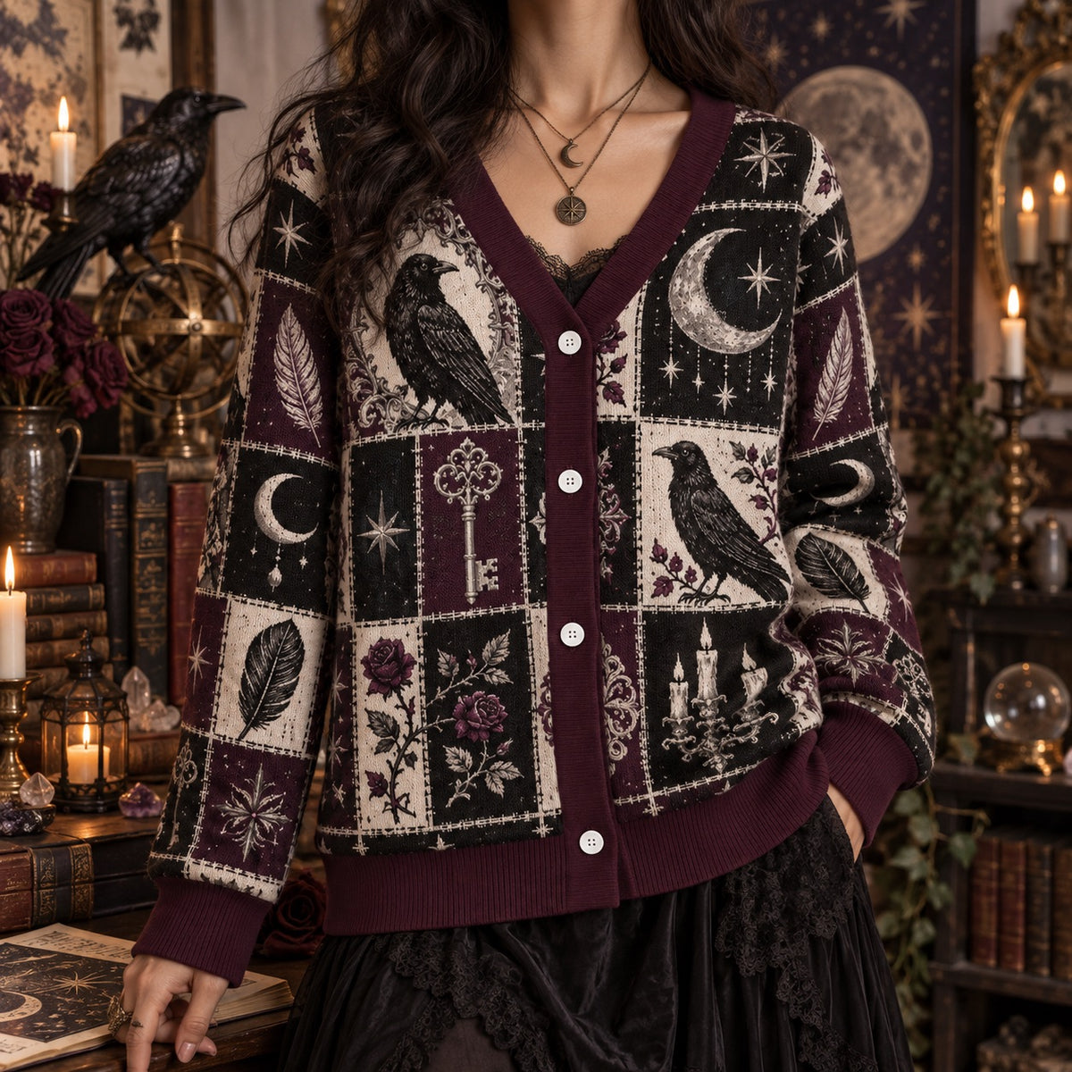 Rose and Key Raven Patchwork Cardigan for Women Full Moon Gothic Plum, worn, front view