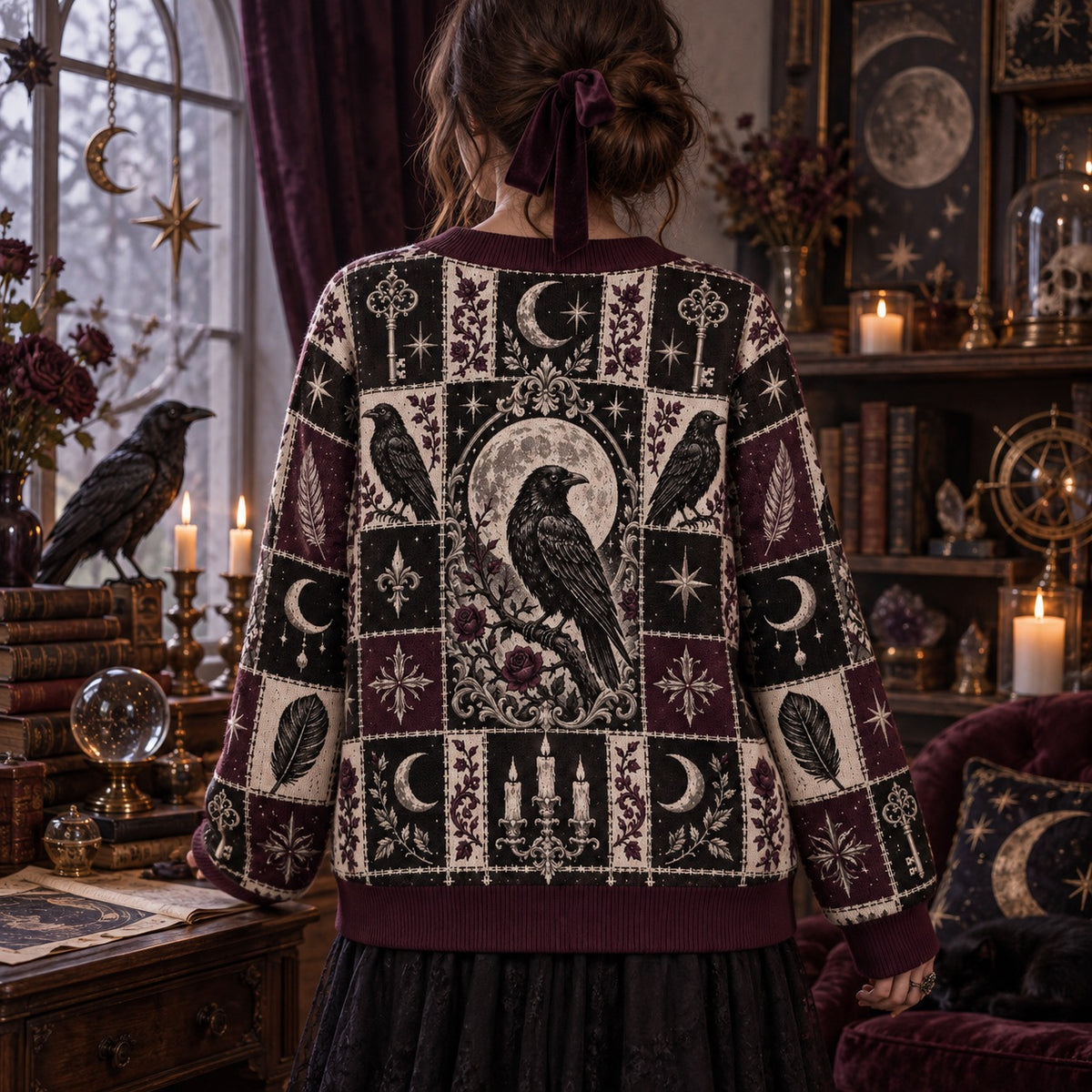 Rose and Key Raven Patchwork Cardigan for Women Full Moon Gothic Plum, worn, back view
