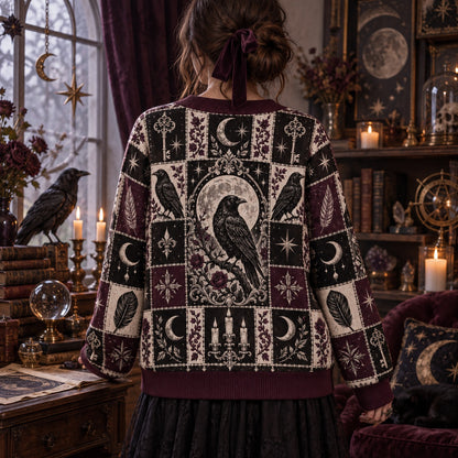 Rose and Key Raven Patchwork Cardigan for Women Full Moon Gothic Plum, worn, back view