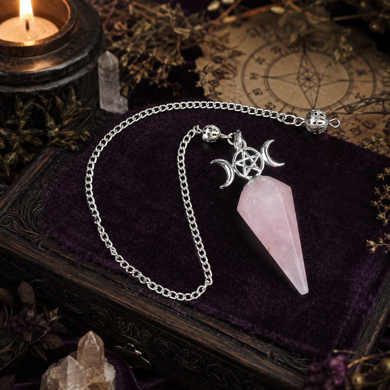 Rose quartz Triple Moon crystal pendulum on a moonlit Wiccan altar