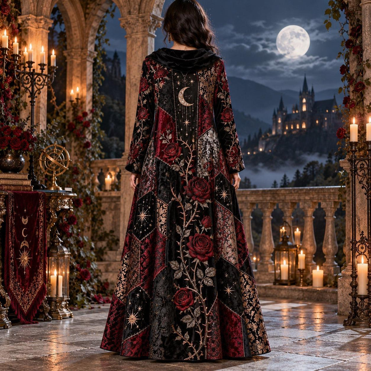 Rose Thorn Hex Gothic Cowl Neck Dress – Witchy Crimson Rose Maxi – worn, back view