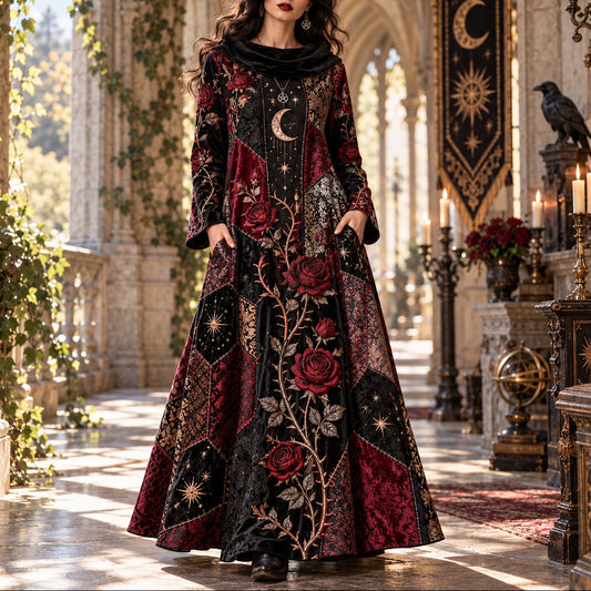 Rose Thorn Hex Gothic Cowl Neck Dress – Witchy Crimson Rose Maxi – worn, in motion