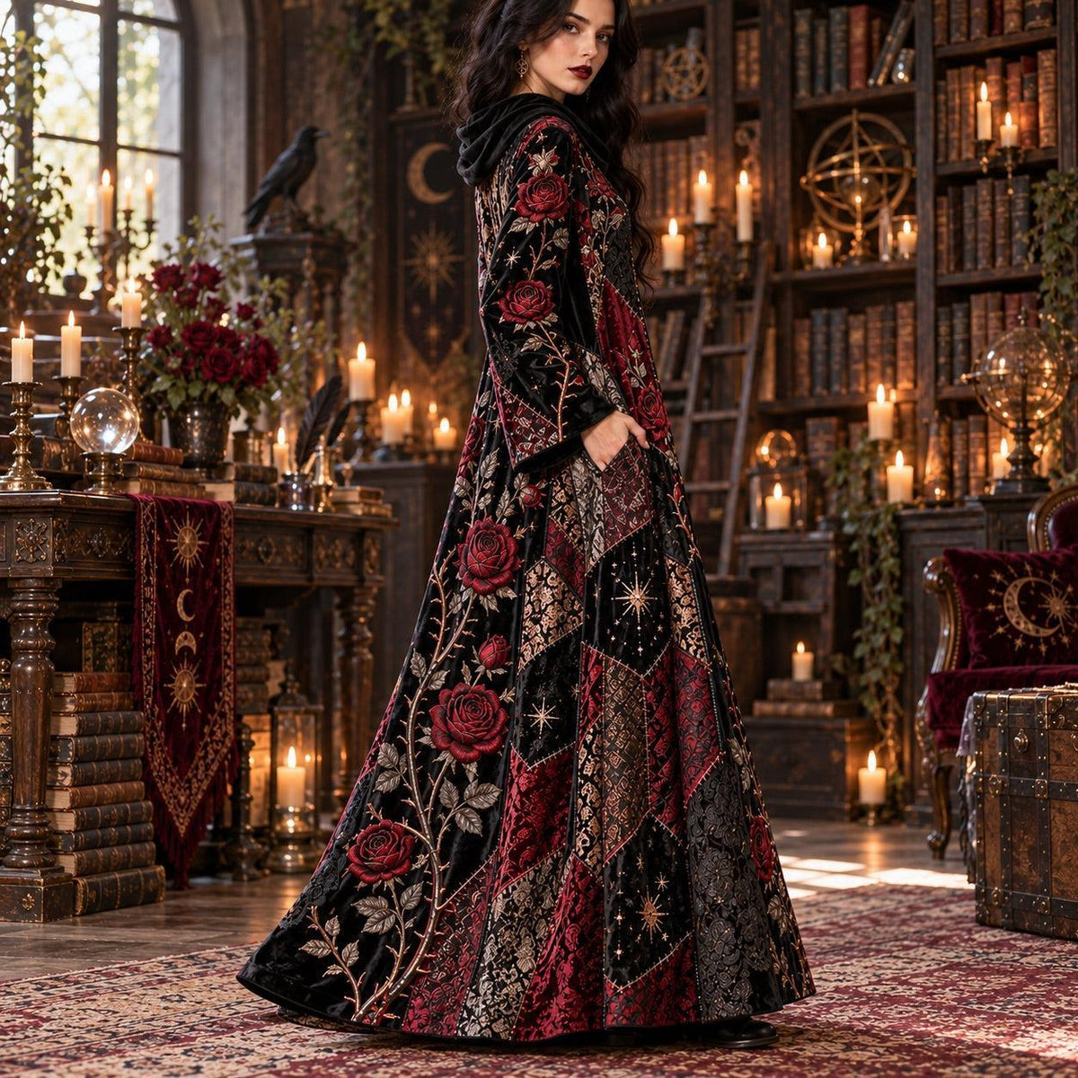 Rose Thorn Hex Gothic Cowl Neck Dress – Witchy Crimson Rose Maxi – worn, three quarter view