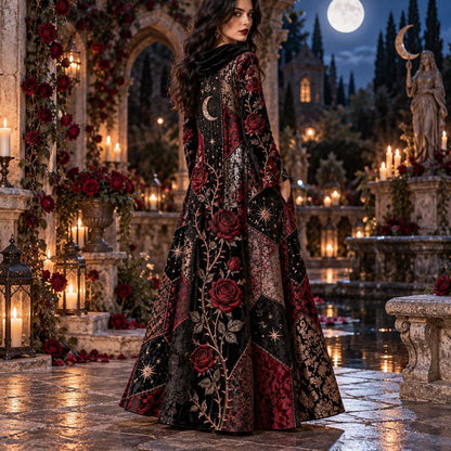 Rose Thorn Hex Gothic Cowl Neck Dress – Witchy Crimson Rose Maxi – worn, showing the side pocket
