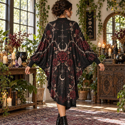 Rose Thorn Moon Gothic Batwing Dress – Witchy Dark Romantic Midi – worn, back view