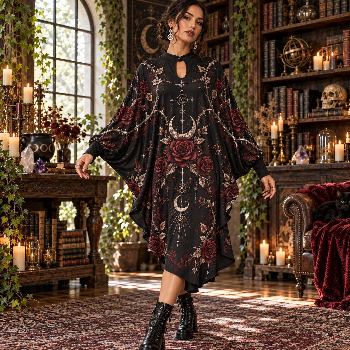 Rose Thorn Moon Gothic Batwing Dress – Witchy Dark Romantic Midi – worn, in motion