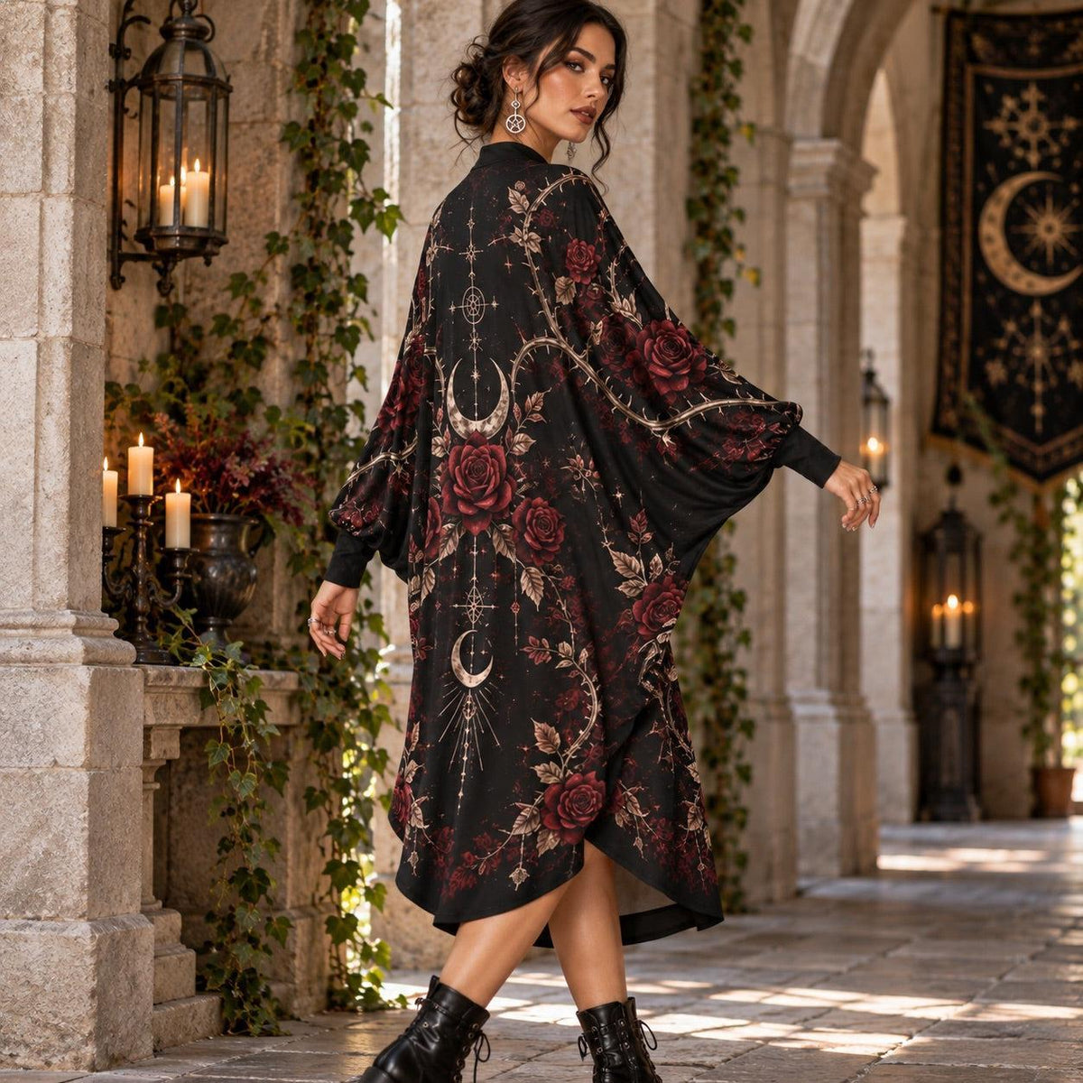 Rose Thorn Moon Gothic Batwing Dress – Witchy Dark Romantic Midi – worn, three quarter view