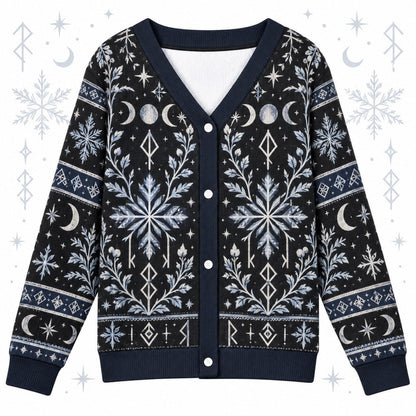 Rune Snowflake Moon Phase Pagan Cardigan for Women Navy Striped Sleeves, front view