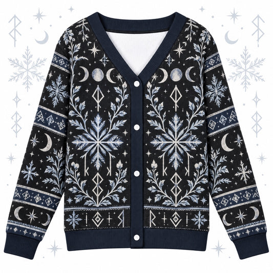 Rune Snowflake Moon Phase Pagan Cardigan for Women Navy Striped Sleeves, front view