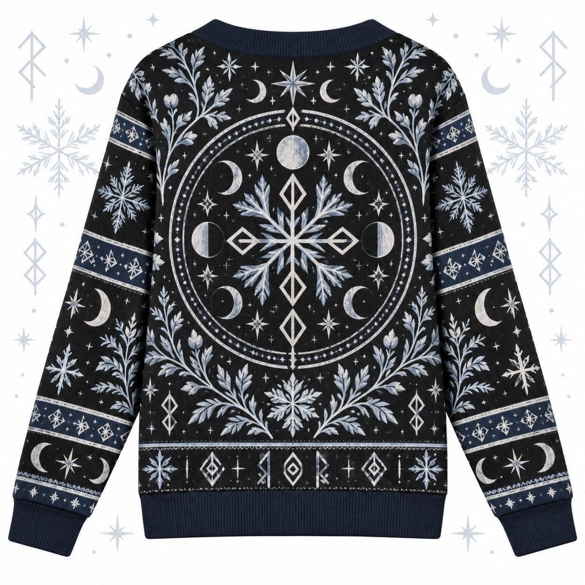 Rune Snowflake Moon Phase Pagan Cardigan for Women Navy Striped Sleeves, back view