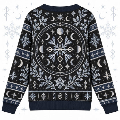 Rune Snowflake Moon Phase Pagan Cardigan for Women Navy Striped Sleeves, back view