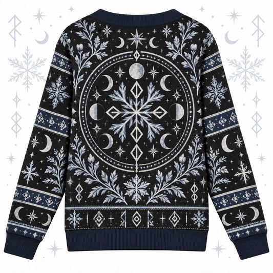 Rune Snowflake Moon Phase Pagan Cardigan for Women Navy Striped Sleeves, back view