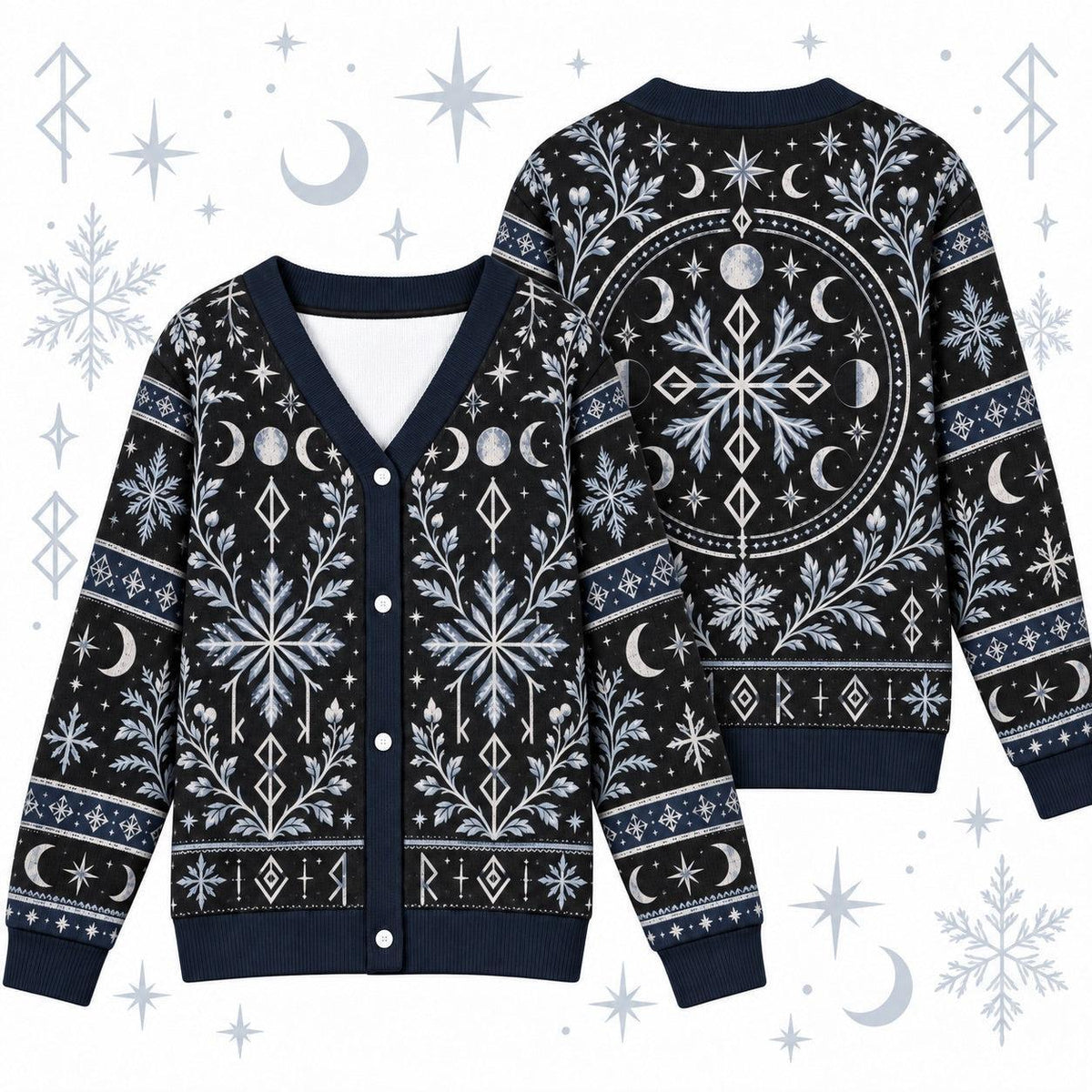 Rune Snowflake Moon Phase Pagan Cardigan for Women Navy Striped Sleeves, front and back shown together