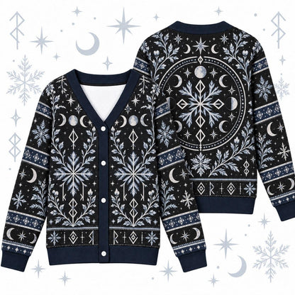 Rune Snowflake Moon Phase Pagan Cardigan for Women Navy Striped Sleeves, front and back shown together