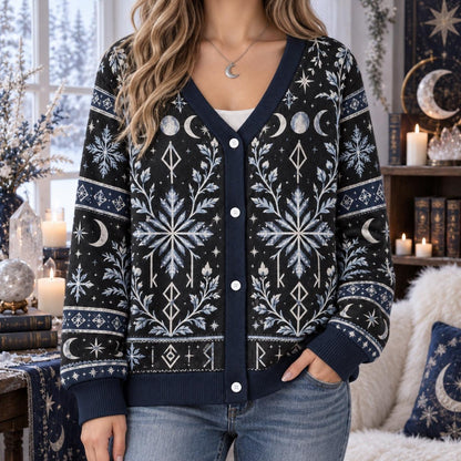 Rune Snowflake Moon Phase Pagan Cardigan for Women Navy Striped Sleeves, worn, front view