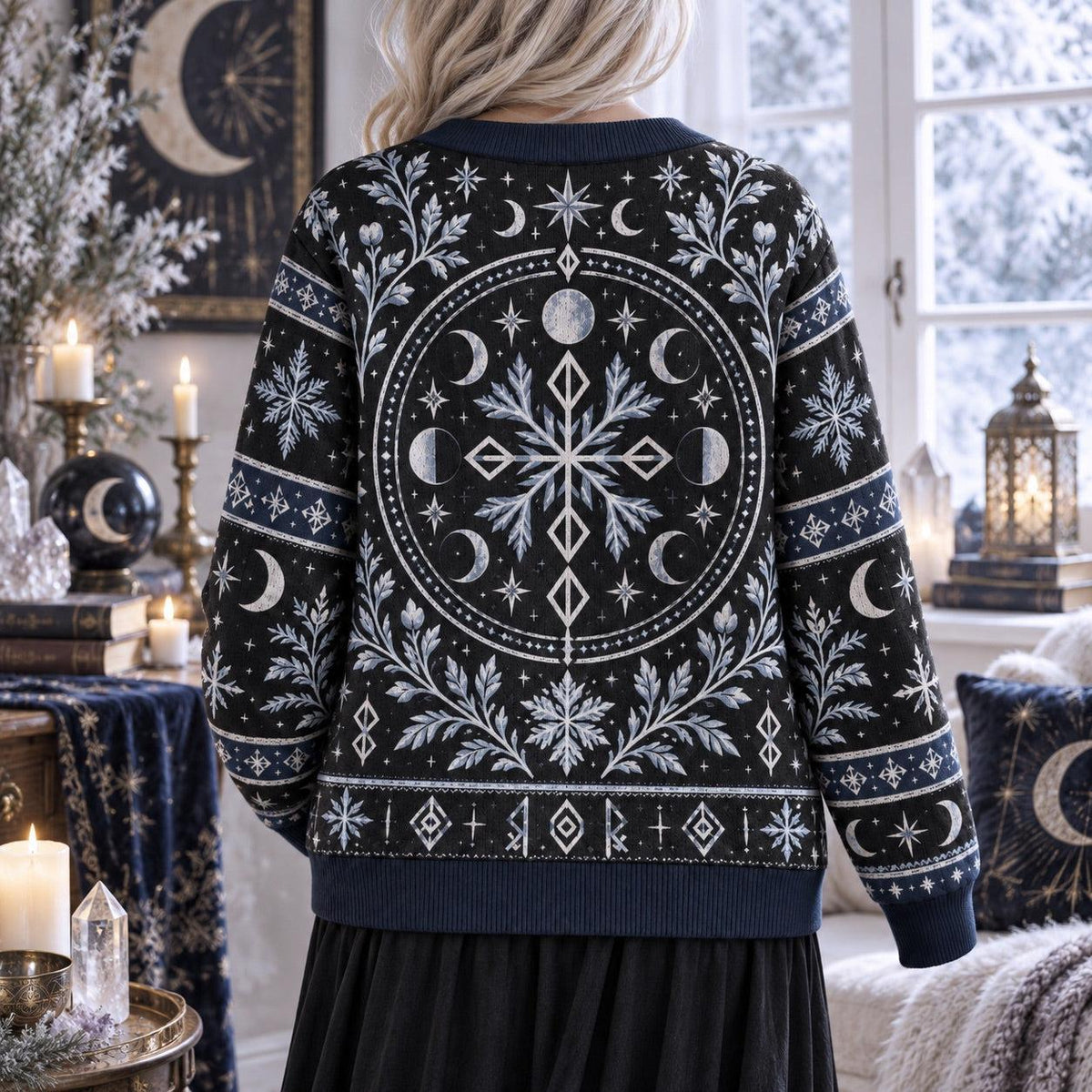 Rune Snowflake Moon Phase Pagan Cardigan for Women Navy Striped Sleeves, worn, back view