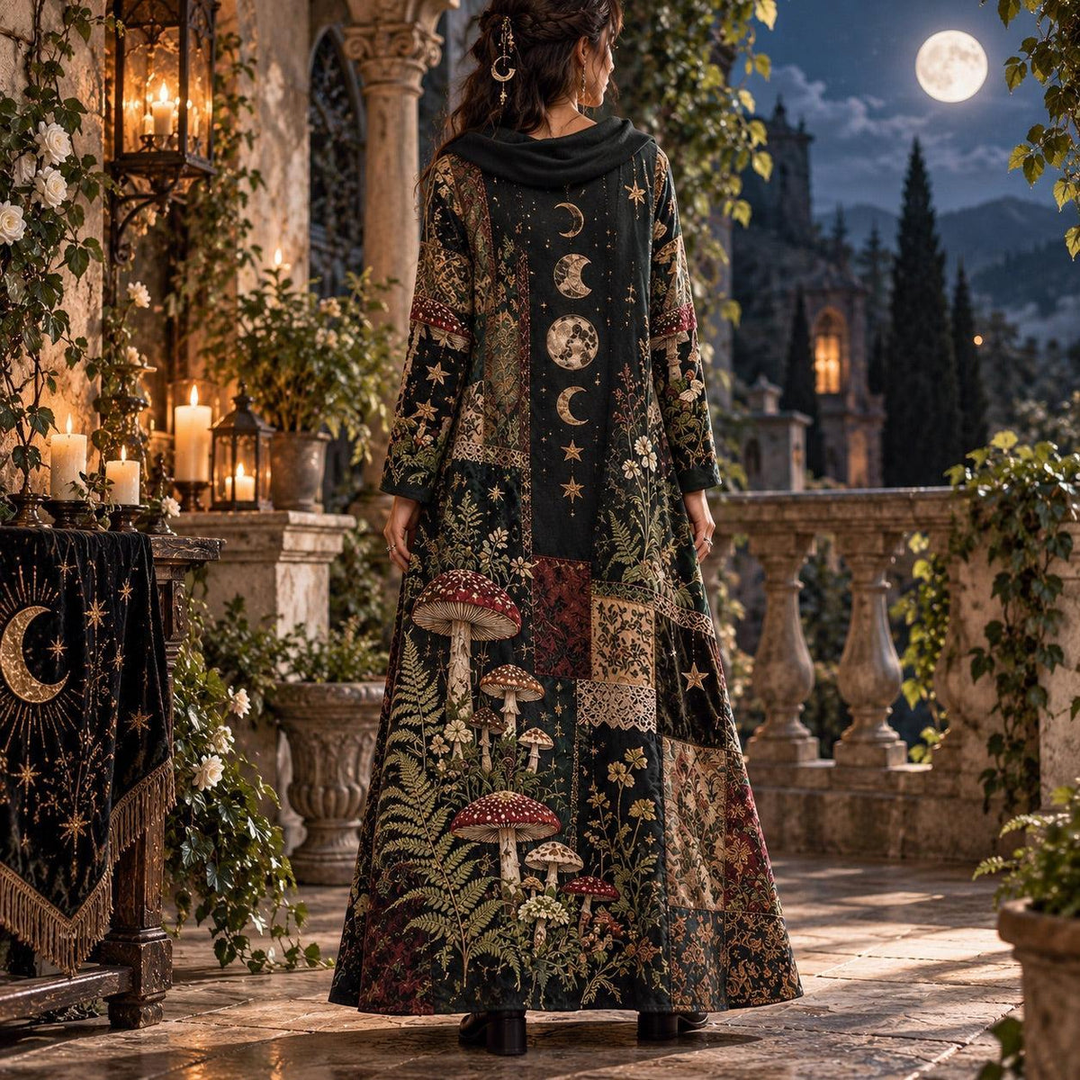 Sacred Mushroom Moon Witchy Cowl Neck Dress – Forest Patchwork Maxi – worn, back view