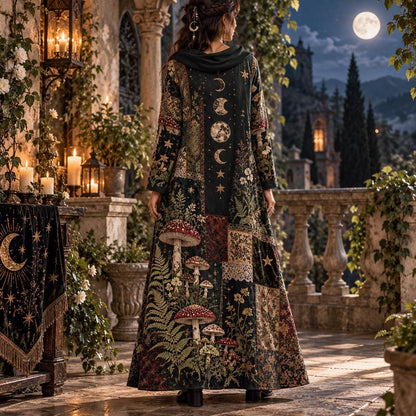 Sacred Mushroom Moon Witchy Cowl Neck Dress – Forest Patchwork Maxi – worn, back view