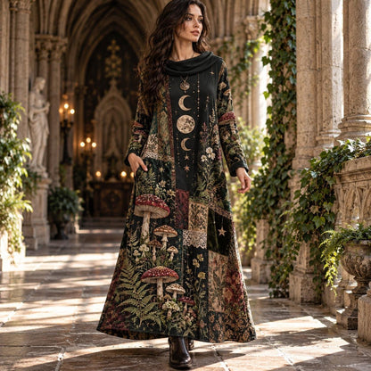 Sacred Mushroom Moon Witchy Cowl Neck Dress – Forest Patchwork Maxi – worn, in motion