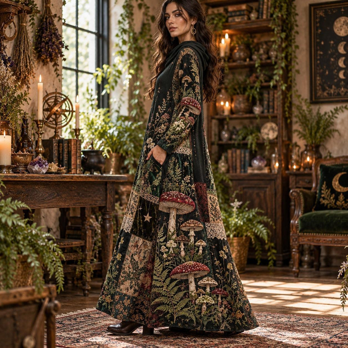 Sacred Mushroom Moon Witchy Cowl Neck Dress – Forest Patchwork Maxi – worn, showing the side pocket