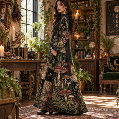 Sacred Mushroom Moon Witchy Cowl Neck Dress – Forest Patchwork Maxi – worn, showing the side pocket