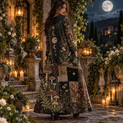 Sacred Mushroom Moon Witchy Cowl Neck Dress – Forest Patchwork Maxi – worn, three quarter view