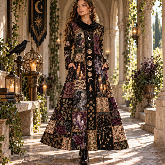 Samhain Midnight Coven Gothic Cowl Neck Dress – Witchy Raven Maxi – worn, in motion