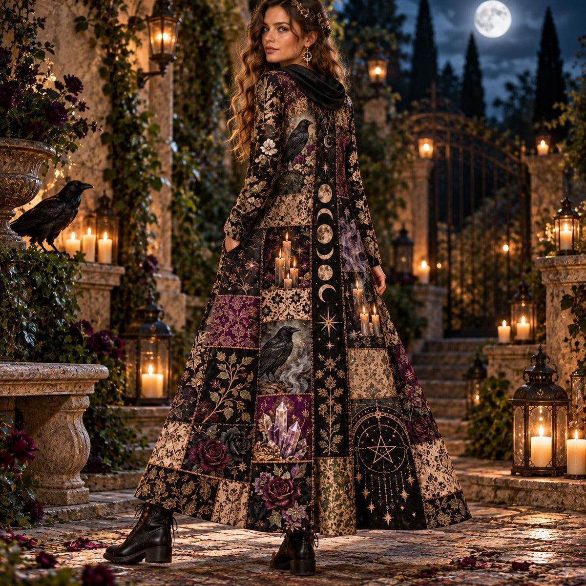 Samhain Midnight Coven Gothic Cowl Neck Dress – Witchy Raven Maxi – worn, three quarter view