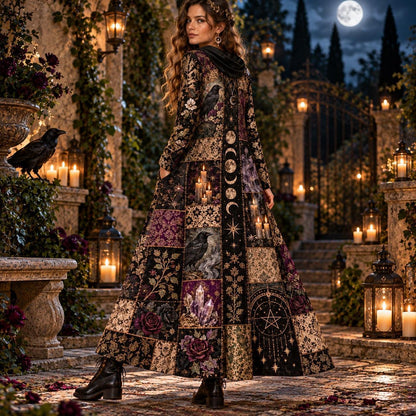Samhain Midnight Coven Gothic Cowl Neck Dress – Witchy Raven Maxi – worn, three quarter view