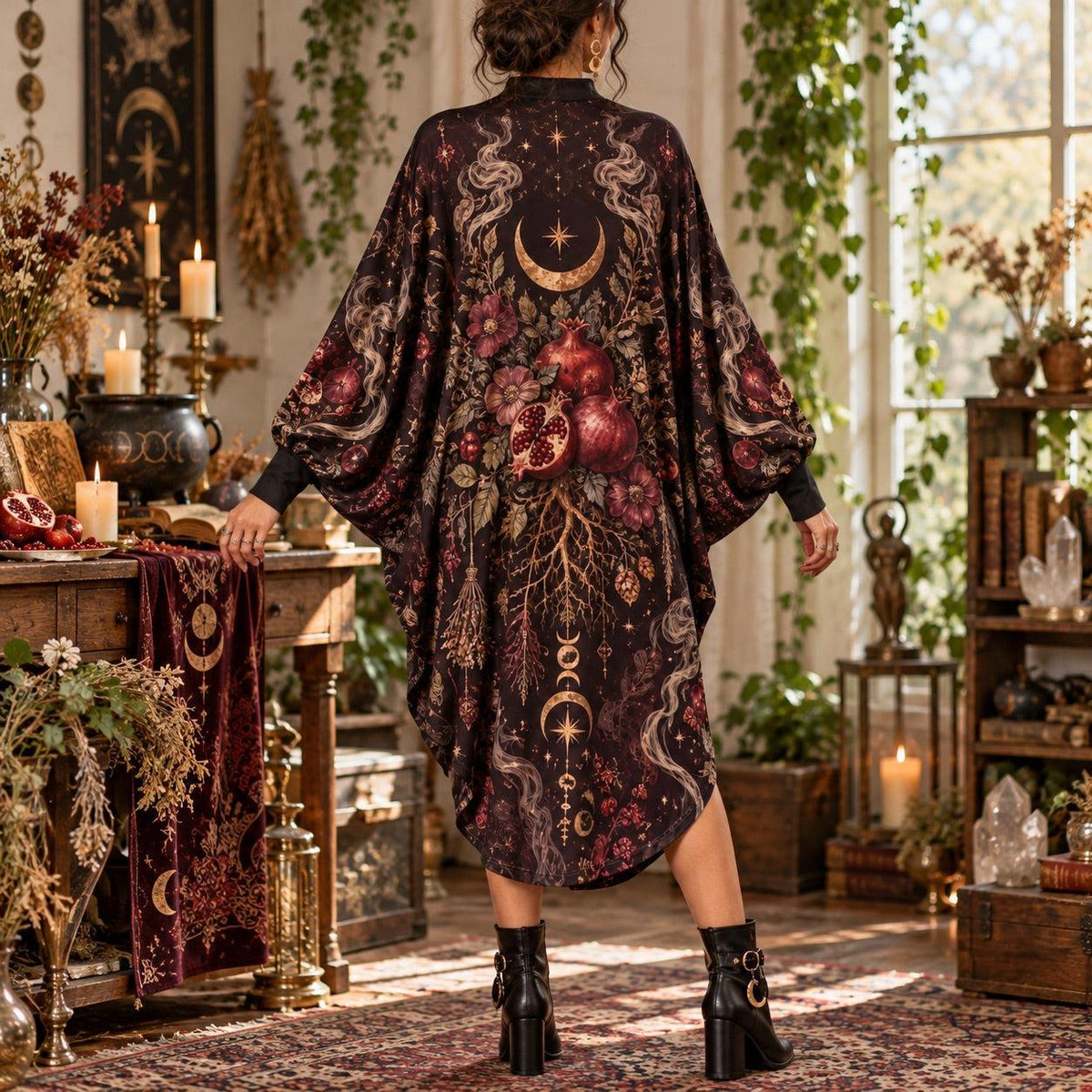 Samhain Pomegranate Pagan Batwing Dress – Witchy Gothic Moon Midi – worn, back view