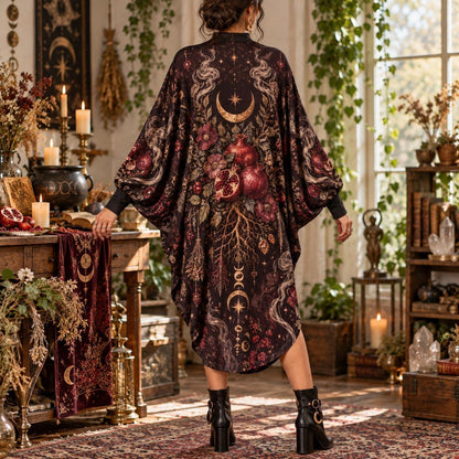 Samhain Pomegranate Pagan Batwing Dress – Witchy Gothic Moon Midi – worn, back view