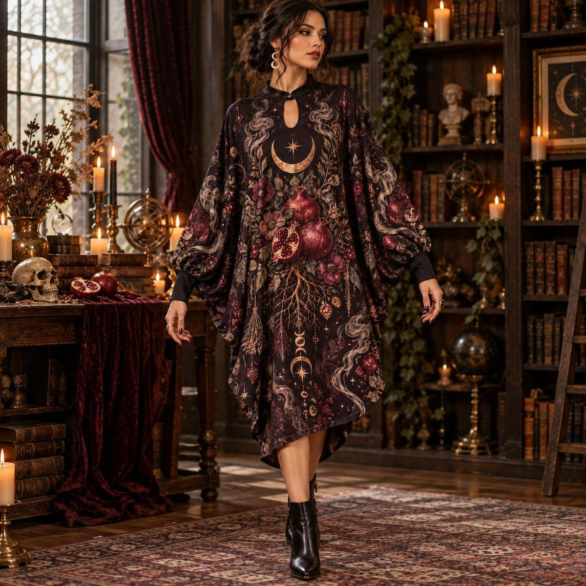 Samhain Pomegranate Pagan Batwing Dress – Witchy Gothic Moon Midi – worn, in motion