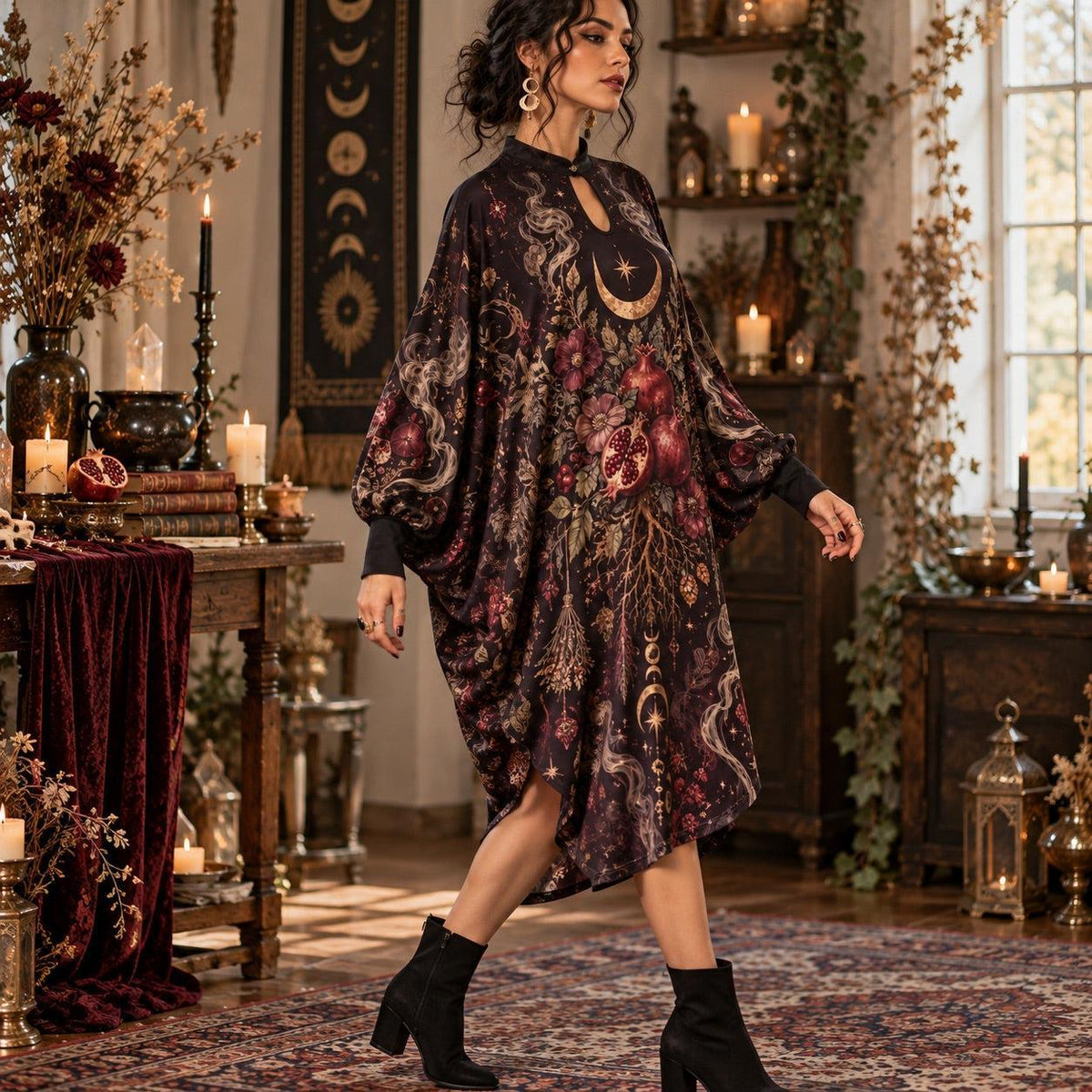 Samhain Pomegranate Pagan Batwing Dress – Witchy Gothic Moon Midi – worn, three quarter view