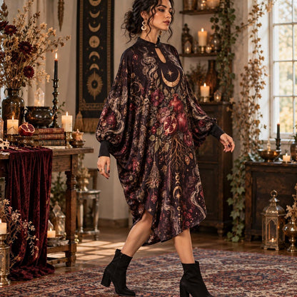 Samhain Pomegranate Pagan Batwing Dress – Witchy Gothic Moon Midi – worn, three quarter view