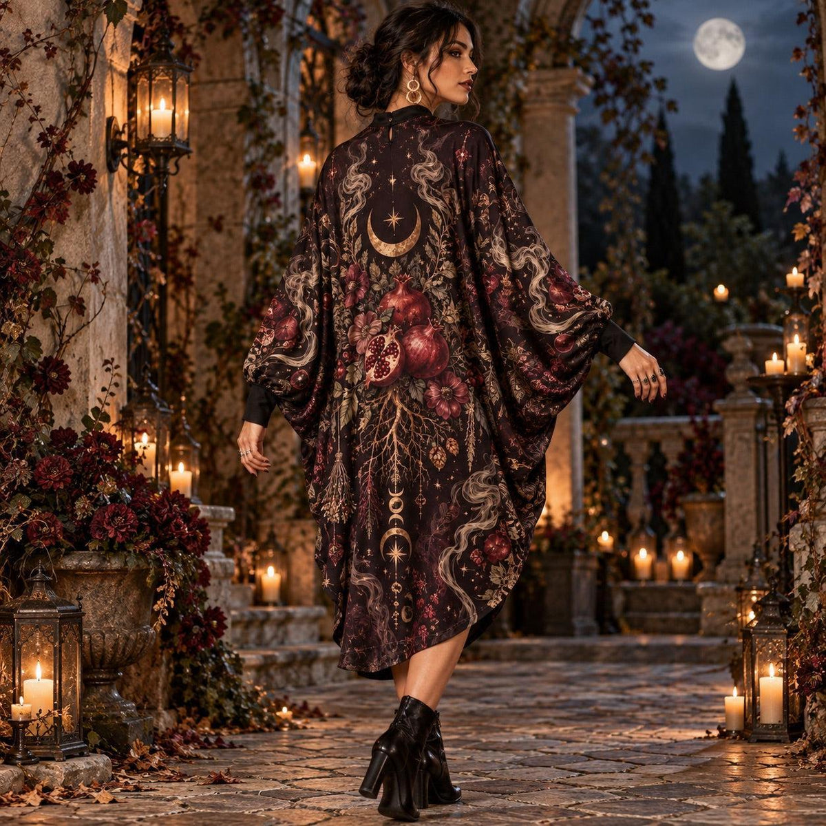 Samhain Pomegranate Pagan Batwing Dress – Witchy Gothic Moon Midi – worn, back view