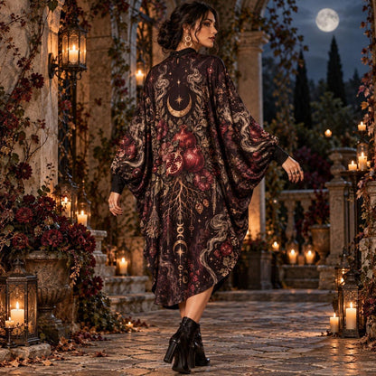 Samhain Pomegranate Pagan Batwing Dress – Witchy Gothic Moon Midi – worn, back view