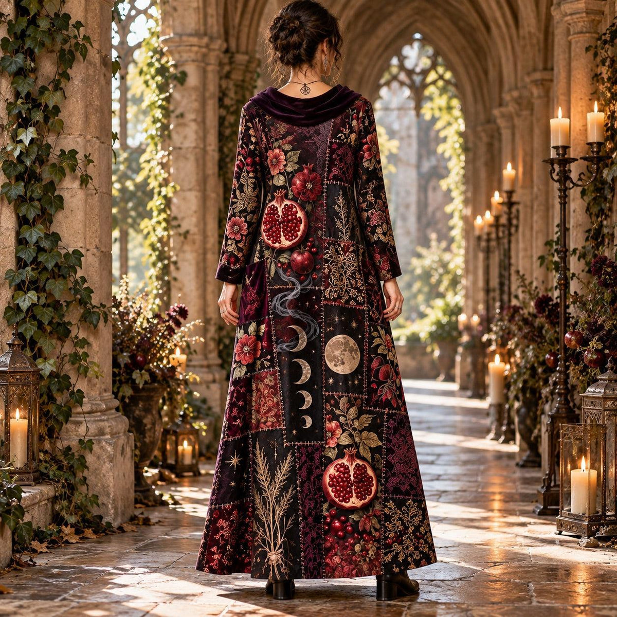 Samhain Pomegranate Witchy Cowl Neck Dress – Gothic Moon Phase Maxi – worn, back view